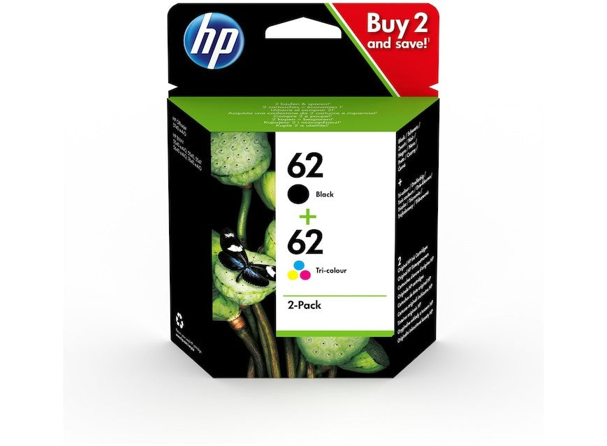 HP 62 pack de 2 cartouches authentiques d'encre noire  trois couleurs