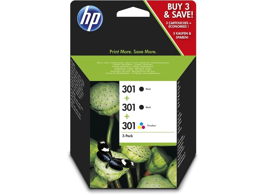 Pack de 3 cartouches d'encre HP 301 noir et couleur